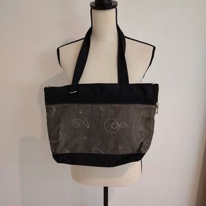 Great Bags Black And Gray Abstract Canvas Tote Multi Zip Compartments Pu…